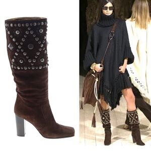 Dolce & Gabbana Vintage Suede Heel Boots Studded Square Toe Runway 2002 Y2K 36.5